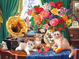 Kittens and Colorful Flowers Jigsaw Puzzle